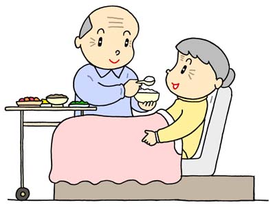 社会問題 事故災害のイラスト 老老看護 介護 食事介助 高齢者 介護保険 高齢化社会 介護ベッド 寝たきり